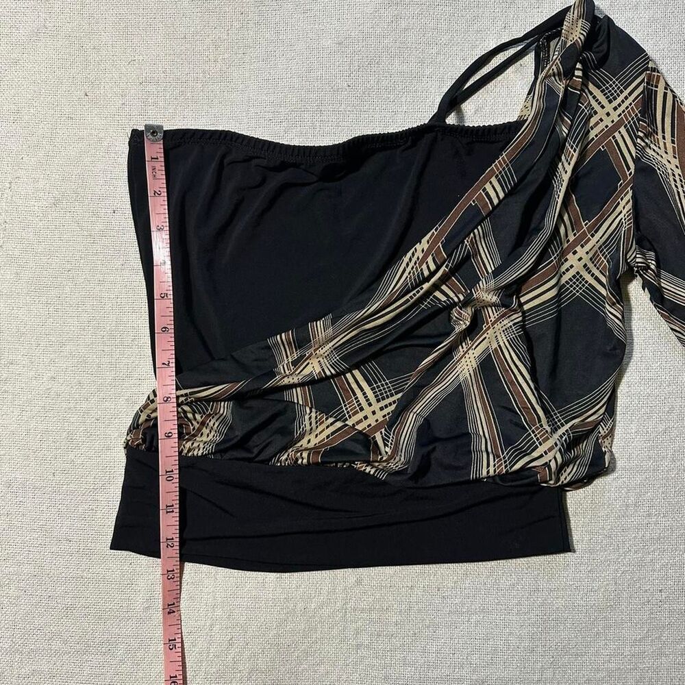 Rave Women's Small Black/Brown Abstract One Shoulder Top with Flared Sleeve - Picture 5 of 7
